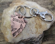 Load image into Gallery viewer, Arrowhead dog id tag with matching keychain hand stamped with fern design