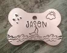 Load image into Gallery viewer, Bone dog tag, hand stamped with ocean design