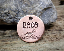 Load image into Gallery viewer, Cat name tag, hand stamped with cute dino