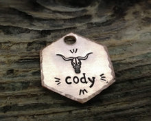 Load image into Gallery viewer, Hexagon cat id tag, hand stamped with longhorn design