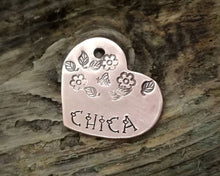 Load image into Gallery viewer, Small dog tag, hand stamped heart with flower design