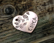 Load image into Gallery viewer, Small dog tag, hand stamped heart with flower design