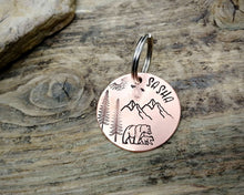 Load image into Gallery viewer, Dog id tag with matching keychain, hand stamped with adventure design