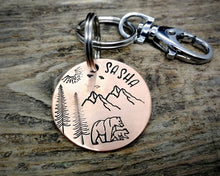 Load image into Gallery viewer, Dog id tag with matching keychain, hand stamped with adventure design