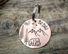 Load image into Gallery viewer, Dog id tag with matching keychain, hand stamped with adventure design