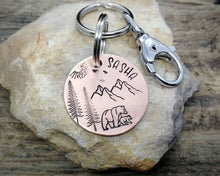 Load image into Gallery viewer, Dog id tag with matching keychain, hand stamped with adventure design