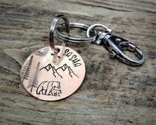 Load image into Gallery viewer, Dog id tag with matching keychain, hand stamped with adventure design