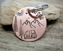 Load image into Gallery viewer, Dog Tag, hand stamped with mountains, bear & trees