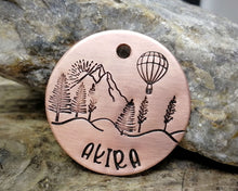Load image into Gallery viewer, Dog id tag, hand stamped with landscape & balloon