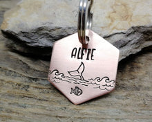 Load image into Gallery viewer, Small hexagon dog id tag, hand stamped with ocean design & whale fluke