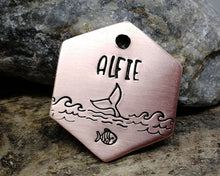 Load image into Gallery viewer, Small hexagon dog id tag, hand stamped with ocean design & whale fluke