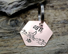 Load image into Gallery viewer, Small hexagon dog id tag, hand stamped with ocean design & whale fluke