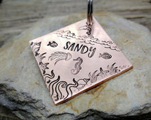 Load image into Gallery viewer, Square dog tag, handstamped with ocean design, seahorse & fish