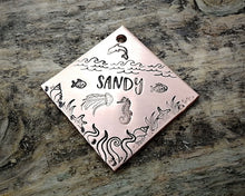 Load image into Gallery viewer, Square dog tag, handstamped with ocean design, seahorse & fish