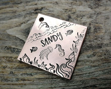 Load image into Gallery viewer, Square dog tag, handstamped with ocean design, seahorse & fish
