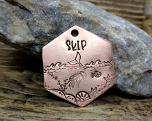 Load image into Gallery viewer, Hexagon dog tag, hand stamped with marine design, whale fluke & fish