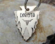 Load image into Gallery viewer, Hand-stamped arrowhead dog tag with matching keychain