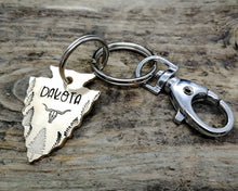 Load image into Gallery viewer, Hand-stamped arrowhead dog tag with matching keychain