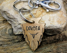 Load image into Gallery viewer, Hand-stamped arrowhead dog tag with matching keychain