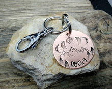 Load image into Gallery viewer, Pet tag and matching keychain, hand stamped with moon phase design