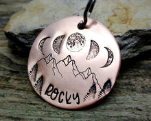 Load image into Gallery viewer, Pet tag and matching keychain, hand stamped with moon phase design