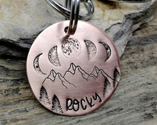 Load image into Gallery viewer, Pet tag and matching keychain, hand stamped with moon phase design
