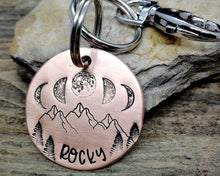 Load image into Gallery viewer, Pet tag and matching keychain, hand stamped with moon phase design