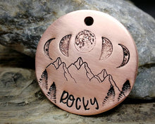 Load image into Gallery viewer, Pet tag and matching keychain, hand stamped with moon phase design