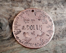 Load image into Gallery viewer, Large dog id tag, hand stamped with flower design & bees