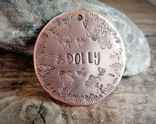 Load image into Gallery viewer, Large dog id tag, hand stamped with flower design & bees