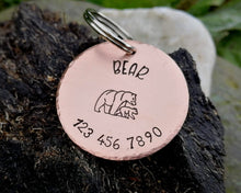 Load image into Gallery viewer, Large pet id tag, hand stamped with mama bear & phone number