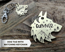 Load image into Gallery viewer, Wolf head dog tag & matchinh keychain, handmade dog lover gift idea