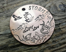 Load image into Gallery viewer, Large dog id tag, hand stamped with nautical design, ship & sharks