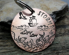 Load image into Gallery viewer, Large dog id tag, hand stamped with nautical design, ship & sharks