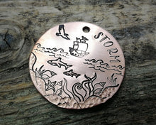 Load image into Gallery viewer, Large dog id tag, hand stamped with nautical design, ship & sharks