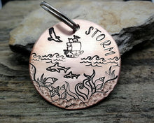 Load image into Gallery viewer, Large dog id tag, hand stamped with nautical design, ship & sharks