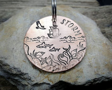 Load image into Gallery viewer, Dog tag with a matching keychain, hand stamped with ocean design