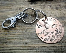 Load image into Gallery viewer, Dog tag with a matching keychain, hand stamped with ocean design