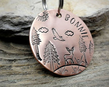 Load image into Gallery viewer, Large dog tag, hand stamped with trees, deer & eagle