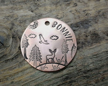 Load image into Gallery viewer, Large dog tag, hand stamped with trees, deer & eagle