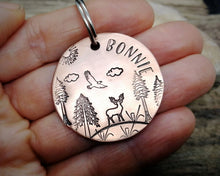 Load image into Gallery viewer, Large dog tag, hand stamped with trees, deer & eagle