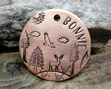 Load image into Gallery viewer, Large dog tag, hand stamped with trees, deer & eagle