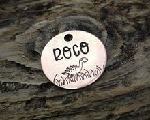 Load image into Gallery viewer, Cat name tag, hand stamped with cute dino