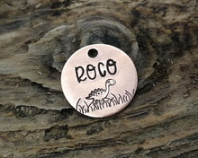 Load image into Gallery viewer, Cat name tag, hand stamped with cute dino