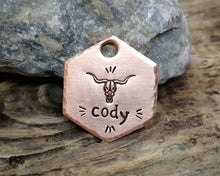 Load image into Gallery viewer, Hexagon cat id tag, hand stamped with longhorn design