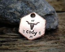 Load image into Gallery viewer, Hexagon cat id tag, hand stamped with longhorn design