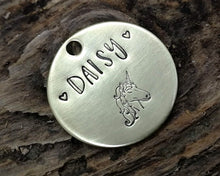 Load image into Gallery viewer, Samll pet id tag, hand stamped with unicorn design