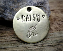 Load image into Gallery viewer, Samll pet id tag, hand stamped with unicorn design