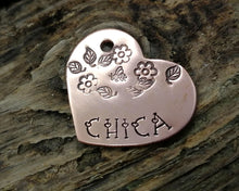 Load image into Gallery viewer, Small dog tag, hand stamped heart with flower design