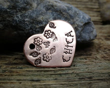 Load image into Gallery viewer, Small dog tag, hand stamped heart with flower design